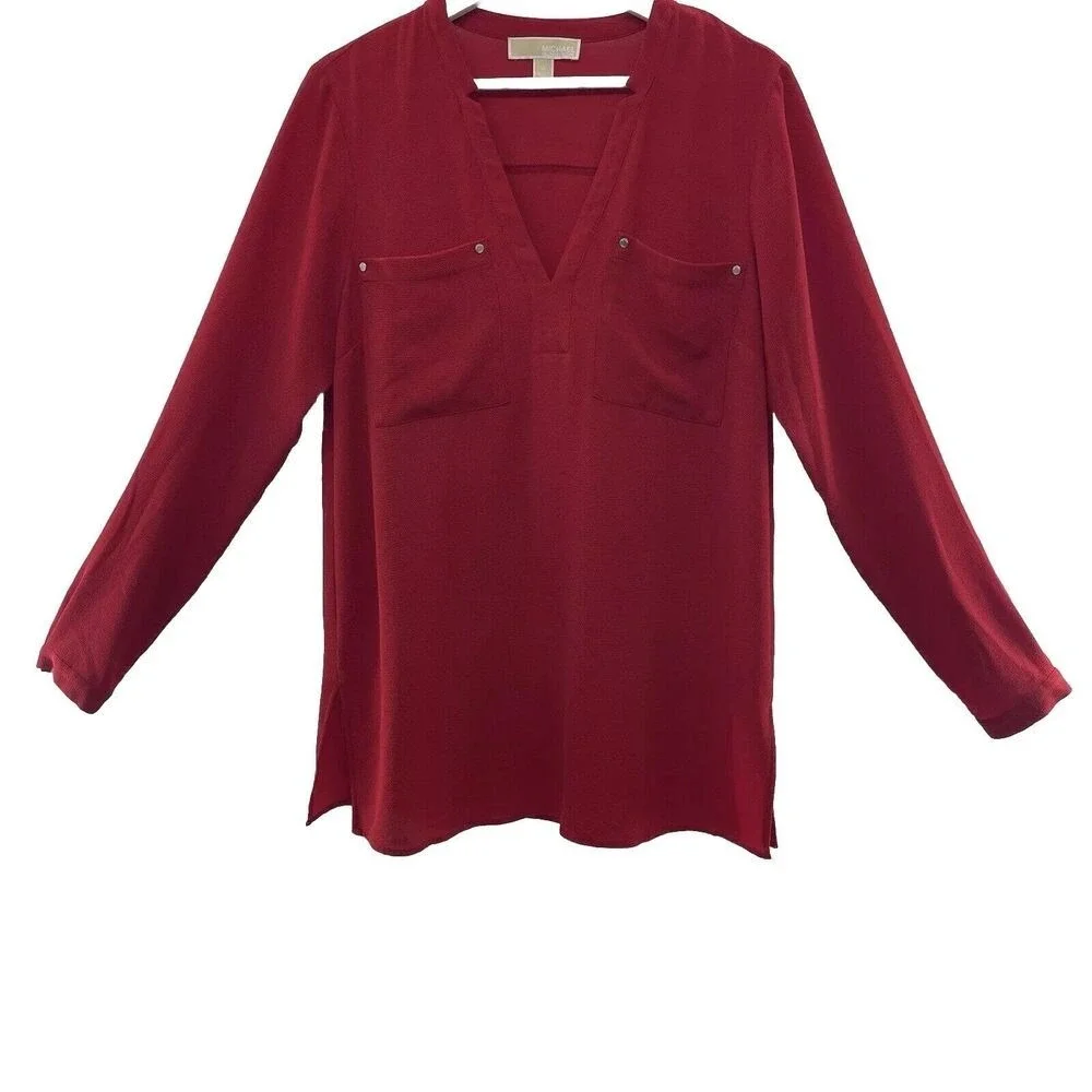 Michael Kors Medium‎ Blouse V-Neck Long Sleeve Red Lightweight Pockets Women's